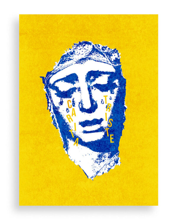 a yellow and blue poster with a face