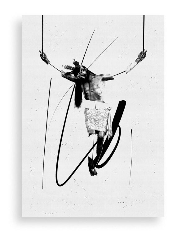 imagen de un Cristo crucificado en blanco y negro que parece recortado y pintado